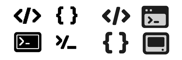 Various coding symbols and icons displayed in modern and retro styles for programming enthusiasts