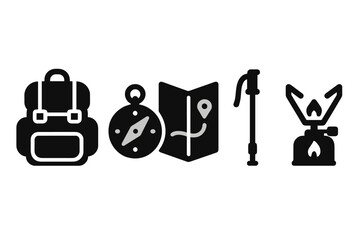 Essential hiking gear including a backpack, compass, map, trekking pole, and stove for outdoor adventures and exploration