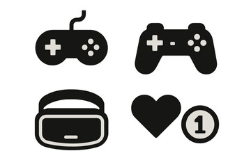Variety of gaming equipment and icons showcasing controllers and virtual reality headset
