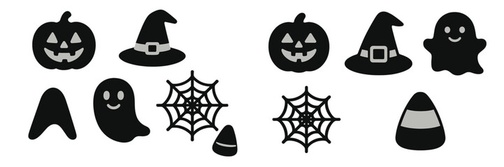 Colorful Halloween decorations including pumpkins, witches' hats, ghosts, and candy corn set for festivities