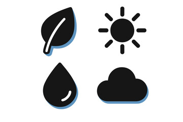 Symbols representing nature elements including leaf, sun, water droplet, and cloud on a simple background