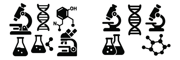 Science symbols showcasing laboratory equipment and molecular structures in a simple graphic layout