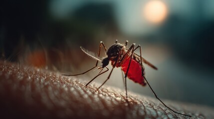 A close-up of a mosquito drawing blood from human skin, highlighting the interaction between insects and humans.