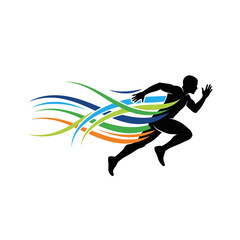 Dynamic runner silhouette with vibrant energy trails symbolizing speed, agility and motion for sports branding, fitness campaigns, and athletic designs