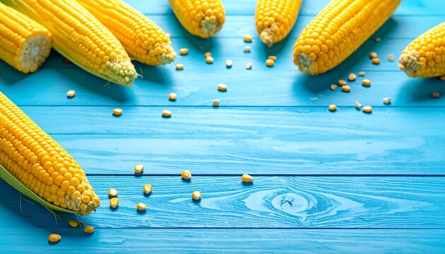 Fresh corn on vibrant blue wooden planks