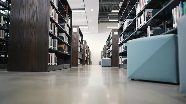 Low angle video empty, modern university library aisle. Dark wooden shelves diverse books & light blue ottomans on polished concrete, intellectual atmosphere.