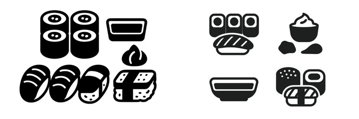 Variety of sushi dishes displayed in simple black and white icons showcasing traditional Japanese cuisine