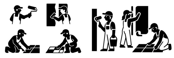 Various home improvement activities being performed by workers in a simple black and white design showing painting and tiling tasks