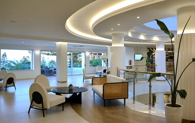 Modern hotel lobby with stylish interior design