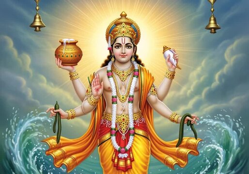 Lord Dhanvantari emerging with a pot of nectar, surrounded by glowing divine light.