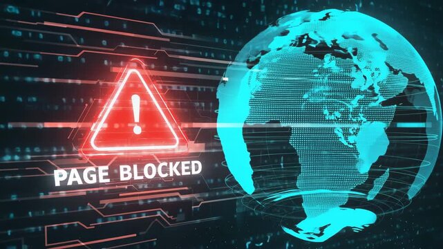 Global Internet Page Blocked Alert with Glowing Warning Sign and Digital World Map Cybersecurity Restriction Concept