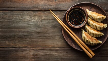 Dumplings, dipping sauce and chopsticks on wooden plate/table