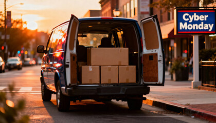 An open-sided van with cardboard packages next to a Cyber ​​Monday billboard, representing shipping logistics, consumer culture, and the vital role of transportation during e-commerce events.

