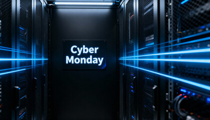 High-tech server room with illuminated Cyber ​​Monday sign and glowing blue laser beams, representing e-commerce infrastructure, data transfer, online security, and consumer demand
