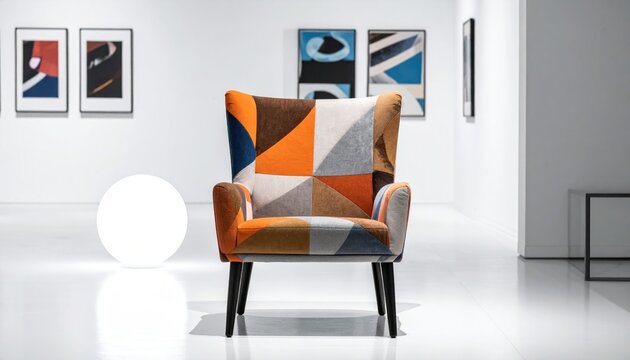 Colorful patchwork armchair for sale in a gallery, art is displayed on the walls - Powered by Adobe