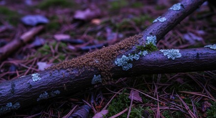 Fototapeta premium Decorative Lichen and Moss on Fallen Tree Branch in Forest Floor