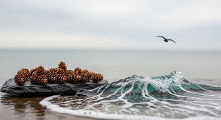 Pinecones on Rock with Ocean Waves and Seagull in Sky