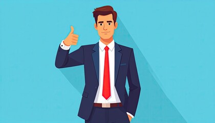 Flat Vector Illustration of Businessman Climbing Stairs Towards Flag on Light Blue Background Symbolizing Progress and Success in Pixel Art Style