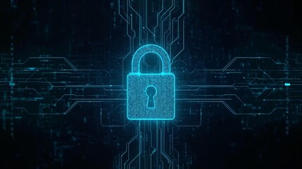 glowing padlock on a digital background with binary code and abstract data flow