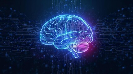 glowing holographic brain made of circuits
