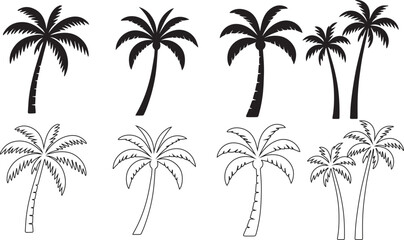 Palm tree silhouettes set – black palm tree shapes collection, isolated line art vector 