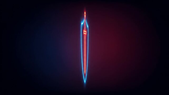 Glowing neon sword and shield symbol against a dark background