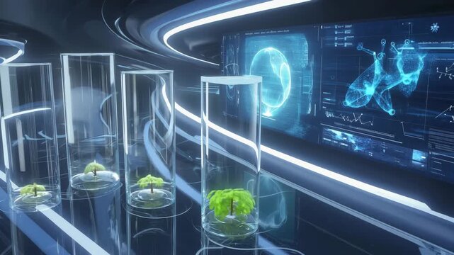 Sci-Fi Laboratory with Mini Plants in Glass Pods and Holographic Displays-Biotech, Innovation, and Genetic Engineering Concept