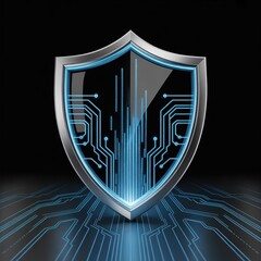  Cybersecurity concept shield icon with glowing circuits, 3D render, PNG