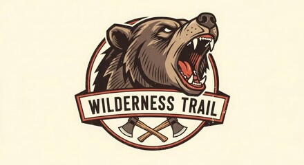 Wilderness trail logo design with bear head and axes for outdoor adventure and camping brand identity