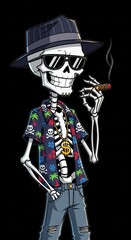 Cool gangster skeleton character in urban streetwear smoking a cigar, a modern vector mascot illustration for t-shirt design.