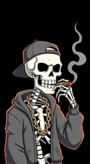 Cool gangster skeleton character in urban streetwear smoking a cigar, a modern vector mascot illustration for t-shirt design.