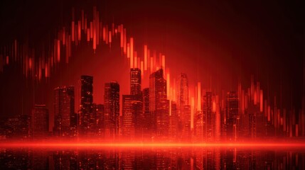 Fototapeta premium A dynamic city skyline illuminated in red, symbolizing market fluctuations and economic trends.