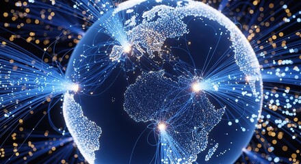 Global connections radiating outward with glowing fiber optic cables, a futuristic network concept for technology and worldwide communication solutions