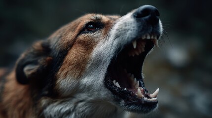 A fierce dog barking passionately in a dramatic lighting, showcasing its powerful expression and alert demeanor.