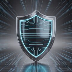  Cybersecurity concept shield icon with glowing circuits, 3D render, PNG