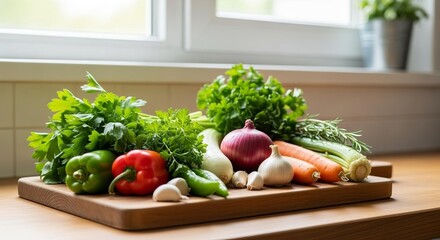 Vibrant Fresh Organic Vegetables on Rustic Kitchen Board