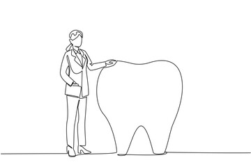 Single continuous line drawing female doctor standing holding big tooth beside her. Presentation by young dental specialist doctor. Hygiene. National Dentist Day. One line design vector illustration