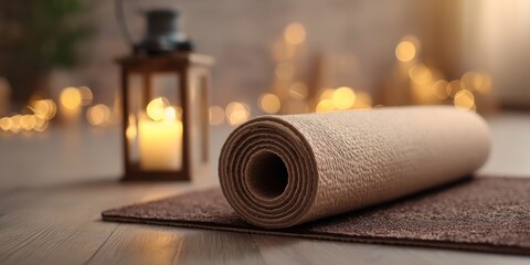 A rolled-up yoga mat on a brown mat with a wooden floor, a wooden floor lamp with a lit candle, and a blurred background of fairy lights.