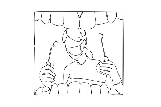 Continuous one line drawing rows of teeth and a female dentist in a mask in gloves, holding a mirror and a pry tool. Clean tartar. National Dentist Day. Single line draw design vector illustration