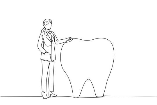 Single continuous line drawing female doctor standing holding big tooth beside her. Presentation by young dental specialist doctor. Hygiene. National Dentist Day. One line design vector illustration