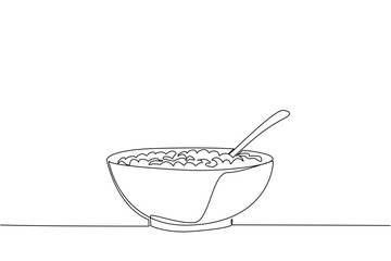Continuous one line drawing cereal in a bowl with a spoon. Add milk to make breakfast healthier. Breakfast before activities. Tasty. National Cereal Day. Single line draw design vector illustration