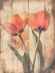 Rustic Tulips: Botanical art on weathered wood, a vintage touch of floral elegance