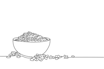 Single continuous line drawing cereal in a wooden bowl and a large spoon. Serving cereal in a bowl until it spills all over the floor. Diet. National Cereal Day. One line design vector illustration