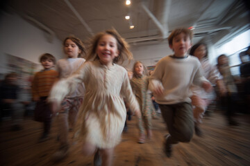 Obraz premium Children enjoy spinning dreidels on a wooden floor during festive gathering