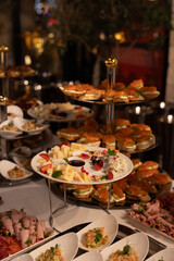 A beautifully arranged buffet spread featuring gourmet canapés with smoked salmon, an assortment of cubed cheeses served with fruits and jam, and various cold cuts