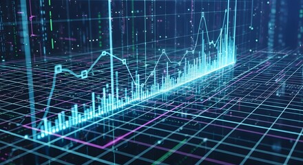 Glowing digital financial chart with rising data lines and bar graphs on a neon grid, symbolizing stock markets, analytics, and futuristic economic growth.
