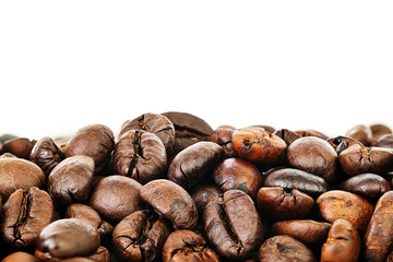 A pile of coffee beans on a white background