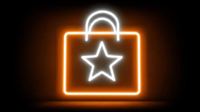 Neon shopping bag icon with star against a dark background