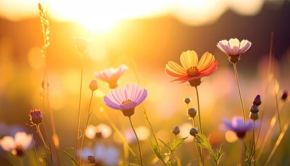 Floral Meadow in Golden Hour with Sunlit Cosmos Blossoms at Sunset