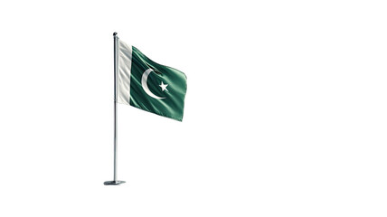 National flag of Pakistan with green field white crescent and star waving fabric texture detailed patriotic symbol isolated on white background